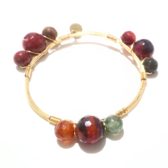 Signed GS Faceted Agate Beaded Gold Tone Wire Work Bangle Bracelet - Picture 1 of 4